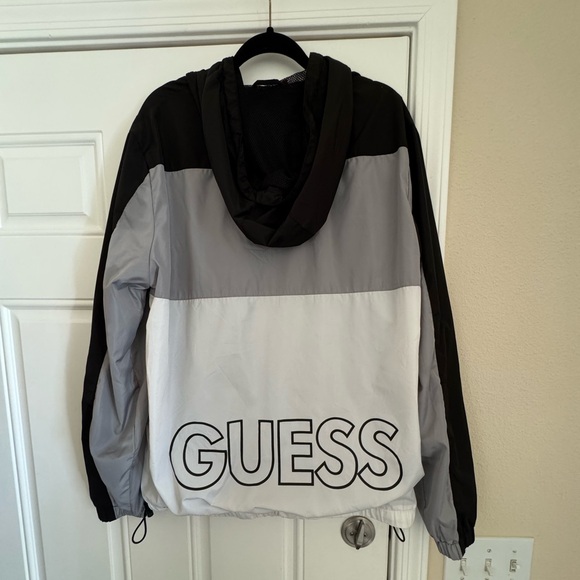 Guess Men's Pullover Half Zip Windbreaker (black silver & white) - Picture 2 of 7